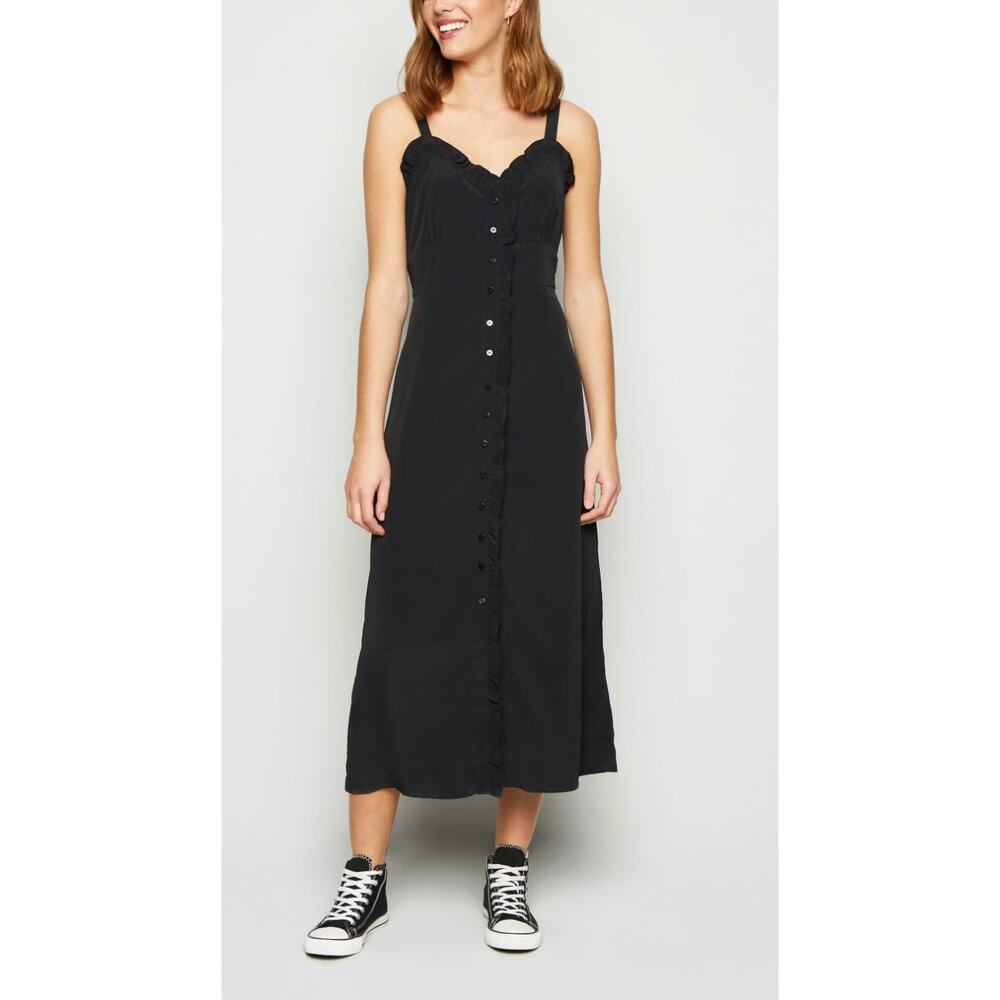 Topshop Whimsygoth Minimalist Black Button‎ Front Maxi Dress Ruffle Strap Size 8